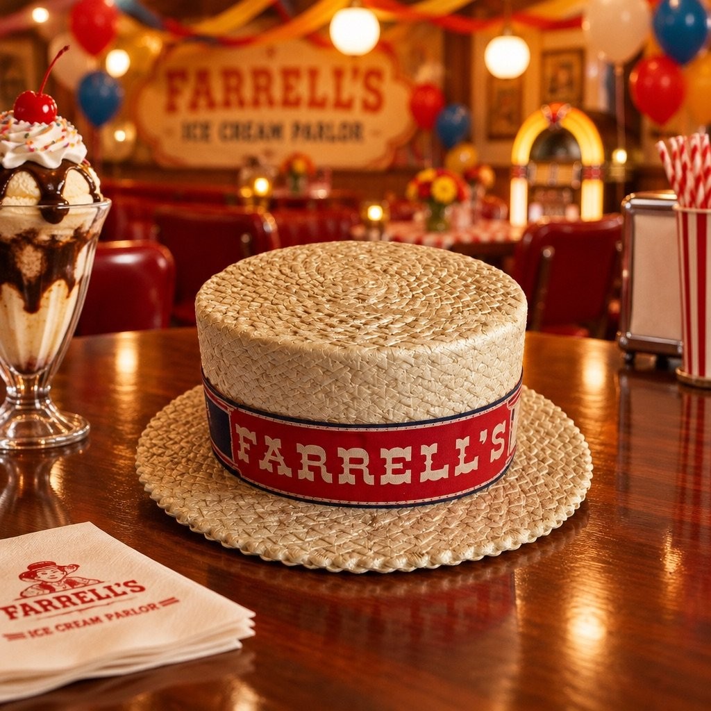 Vintage Farrell’s Ice Cream Parlour Straw Boater Hat Restaurant Memorabilia