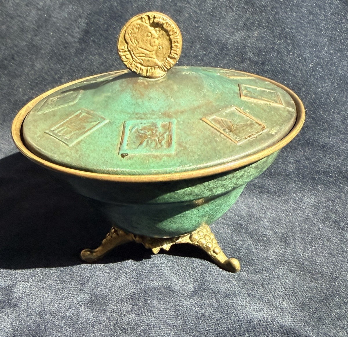 Vintage Hand Made Israel Verdigris Brass Footed Trinket Box Coin Finial Lid⁠