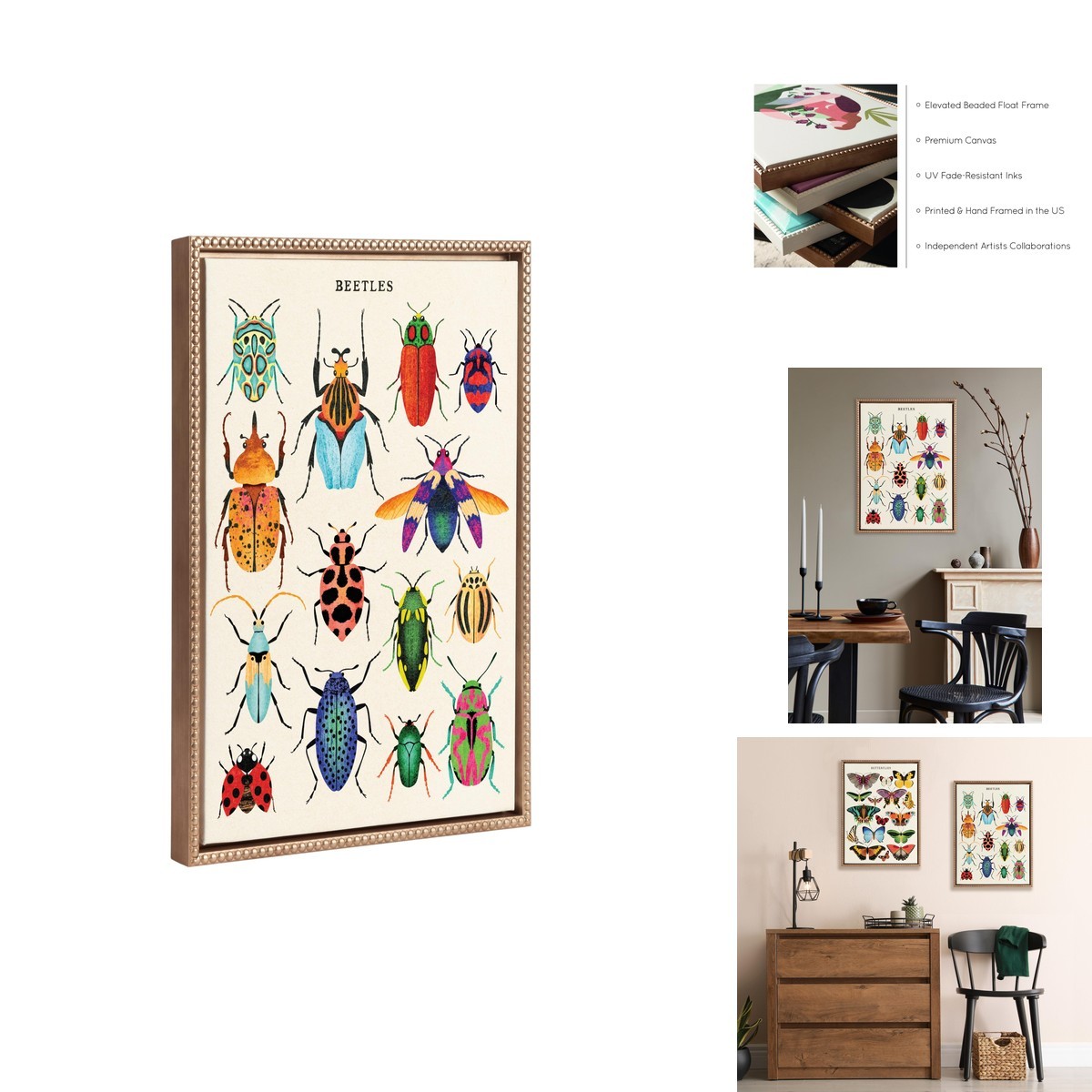 Kate and Laurel Sylvie Beaded Beetles Vintage Framed Canvas 18x24 Gold Wall Art