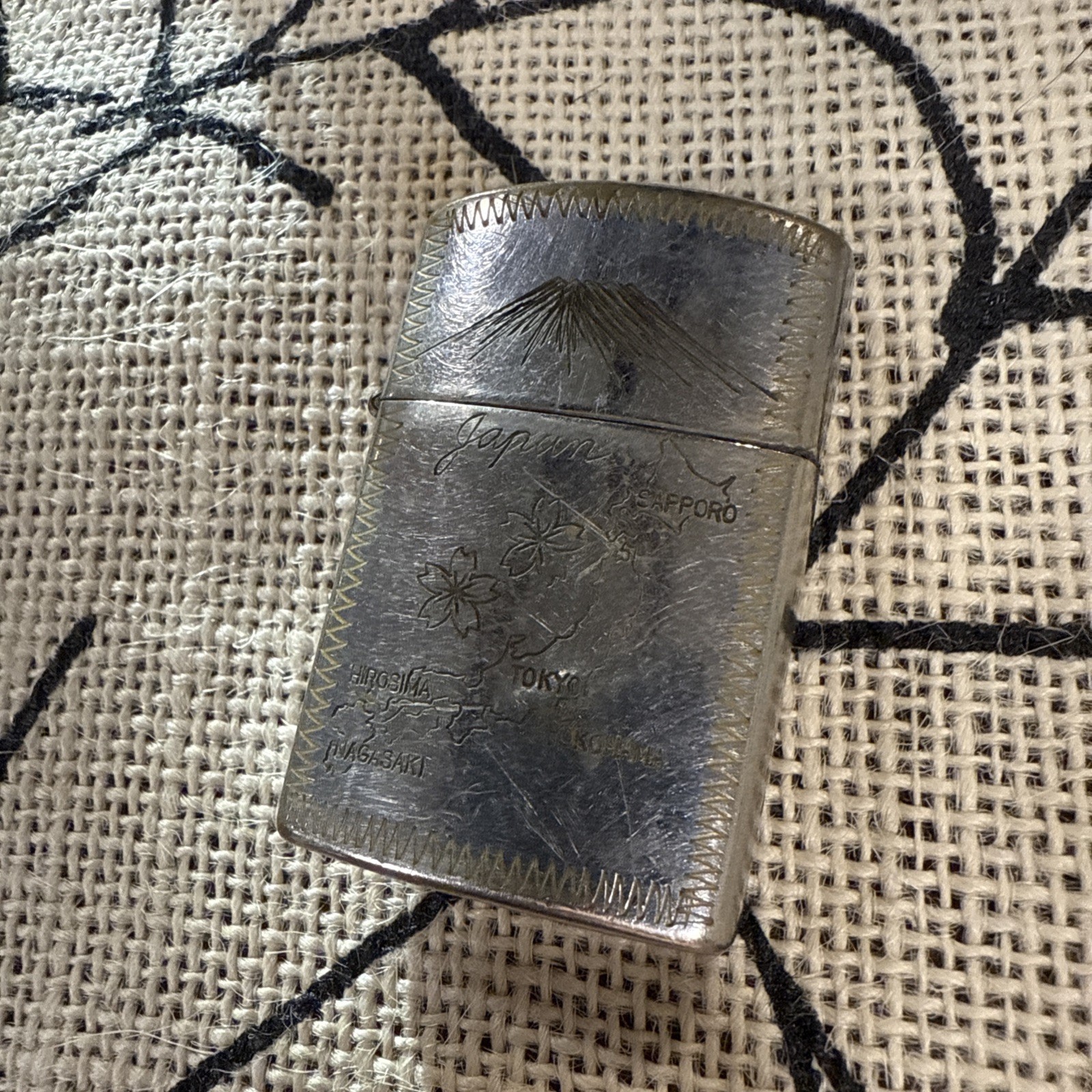 Vintage 1950s Japan Mt Fuji Engraved Metal Flip-Top Cigarette Lighter