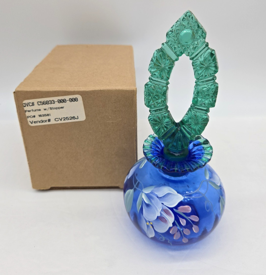 Vtg Fenton Perfume Bottle Cobalt Blue Spruce Green Rib Optic Hand-Painted Signed