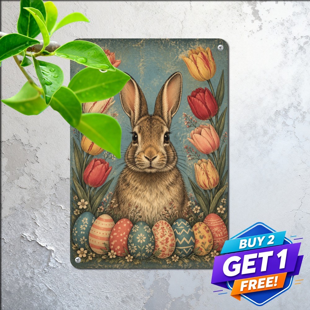 Spring Easter Bunny In Garden Sign Charming Country Rabbit Metal Tin Plaque