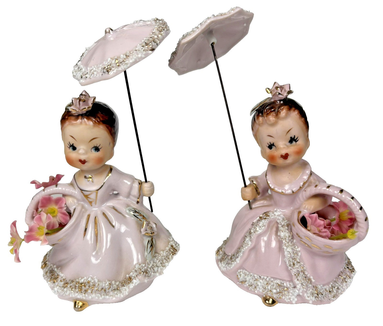Vtg 1950s Ucagco Japan Pair Girl Figurines Pink Parasol Umbrella Flower Basket
