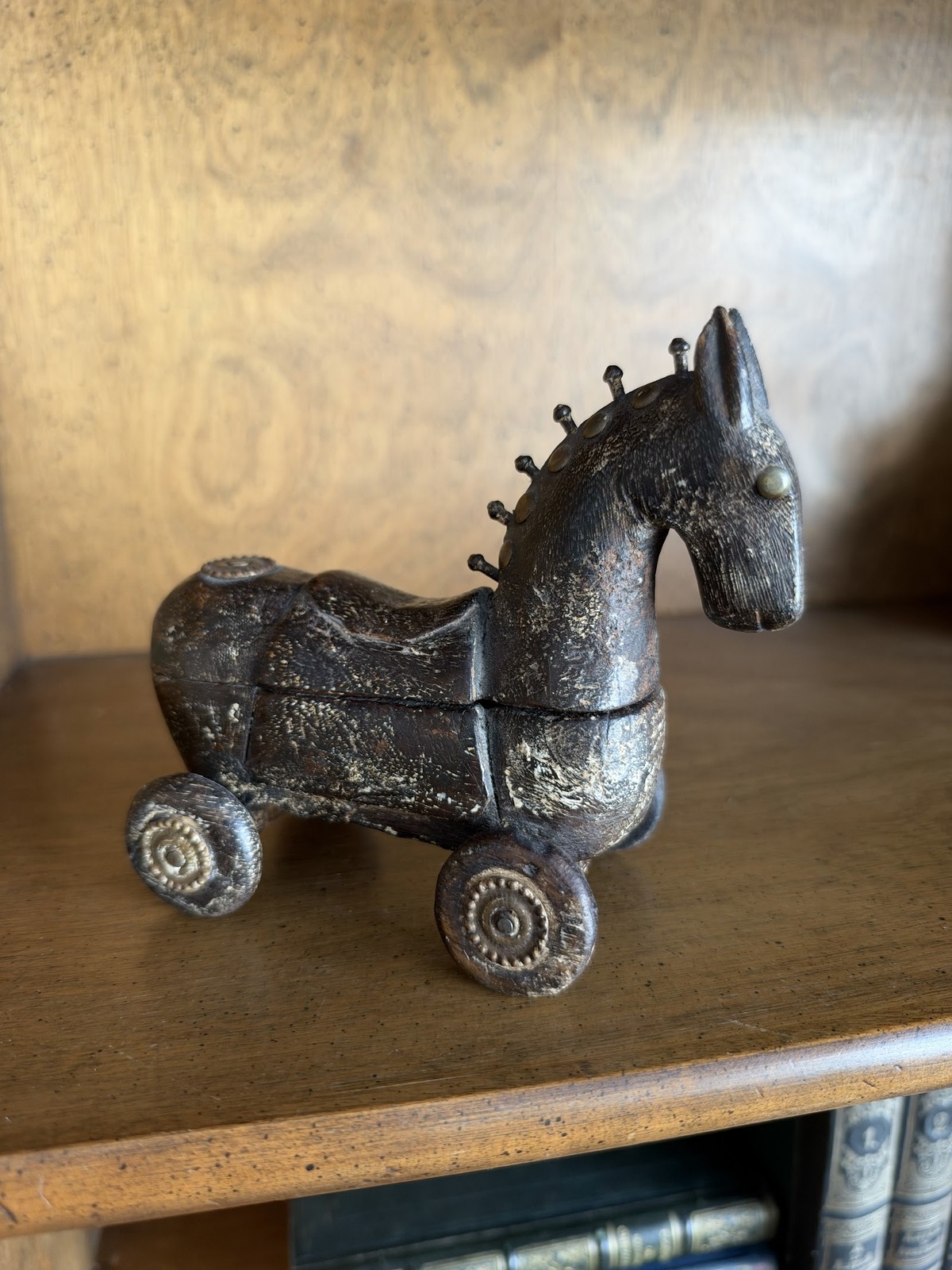 Vintage Carved Wood Horse Box on Wheels Brass Studs Folk Art Figurine 5.4in