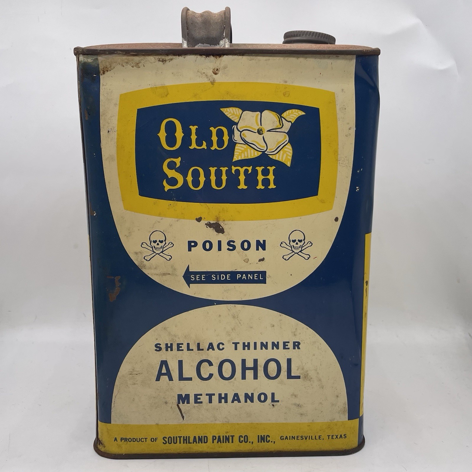RARE VINTAGE OLD SOUTH SOUTHLAND CO. EMPTY TIN CAN GAINSVILLE TX OIL  SKULLS
