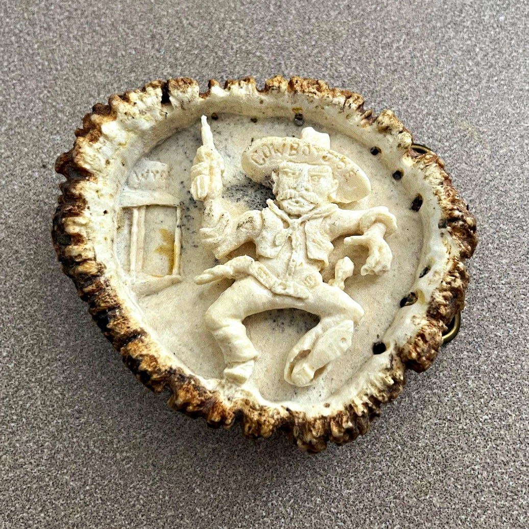 Vintage Wyoming Cowboys Pistol Pete carved elk/deer burr belt buckle signed