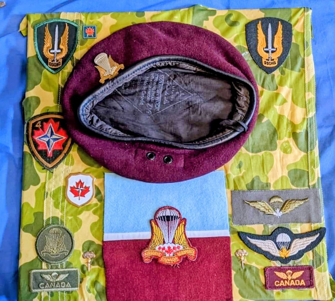 Vintage 1950s Canada Airborne Regiment Beret, Insignia, Patches ,1960s Para silk