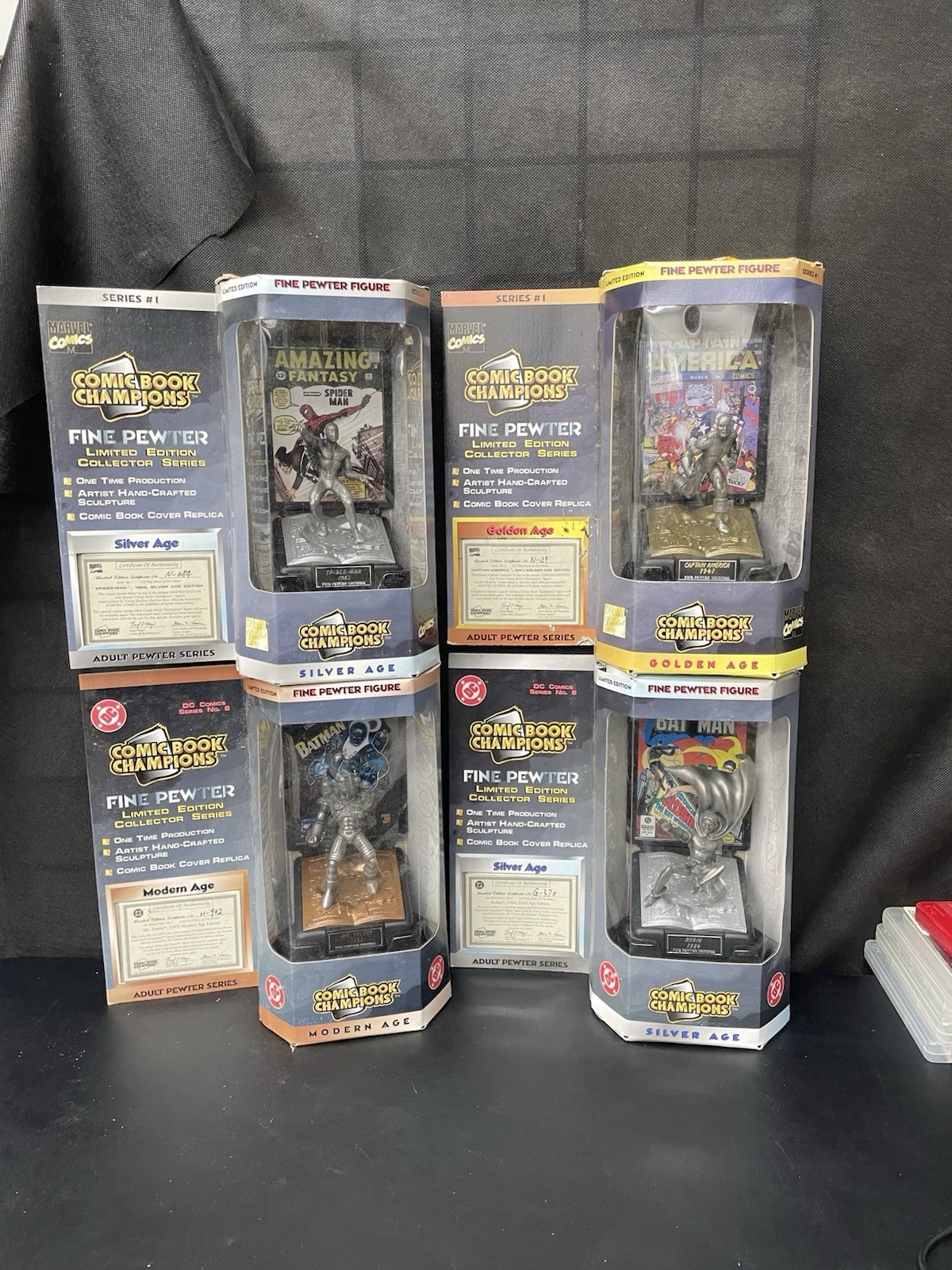 1996 Comic Book Champions Fine Pewter Lot Of 4, Marvel + DC, Spider-Man, Robin
