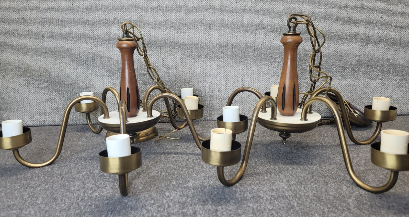 SALVAGE Vtg PAIR Teak? Walnut? Wood Chandelier 5-Arm Ceiling Light Danish Modern
