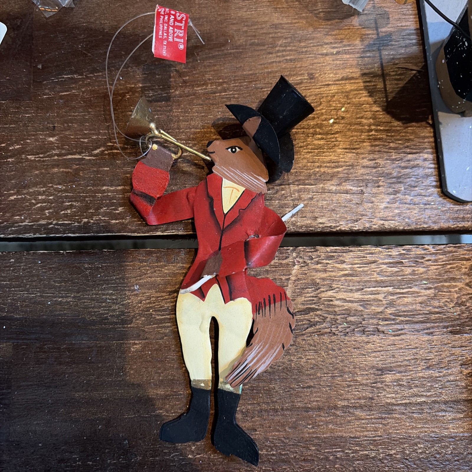 Vtg Silvestri  Metal Fox In Red Hunting Outfit Hat & Horn Christmas Ornament 6”