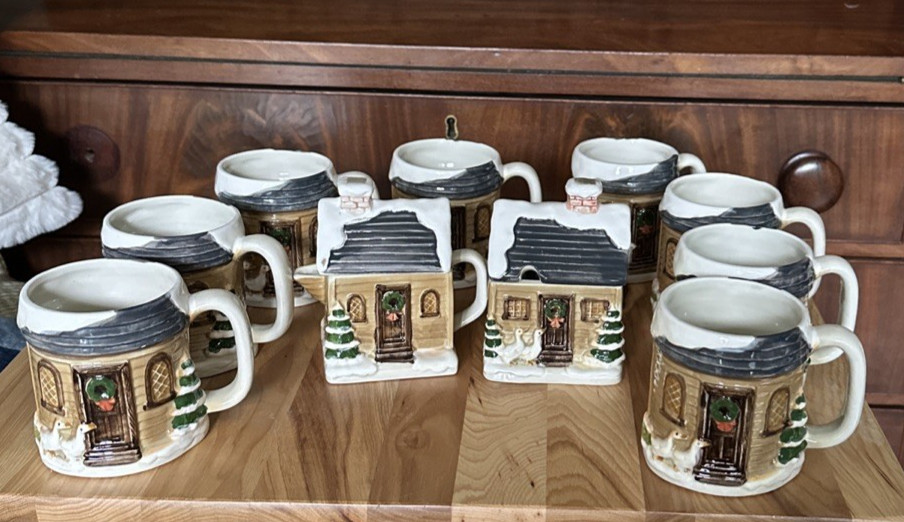 Vintage Otagiri Japan Christmas Cottage 10 Pc Set 8 Mugs Creamer Sugar Geese