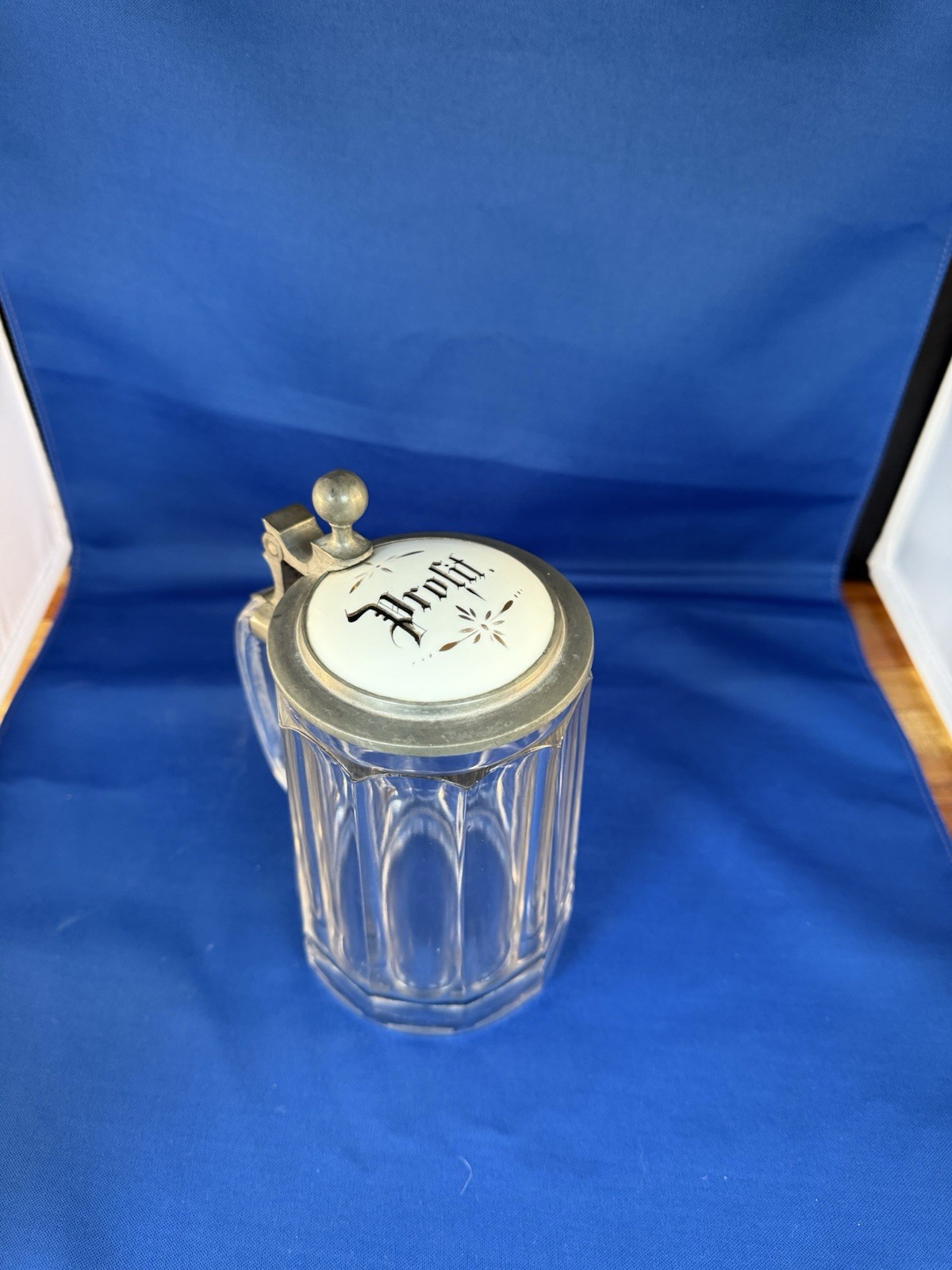 Antique German Glass Beer Stein Pewter Lid “Prosit” Porcelain Insert