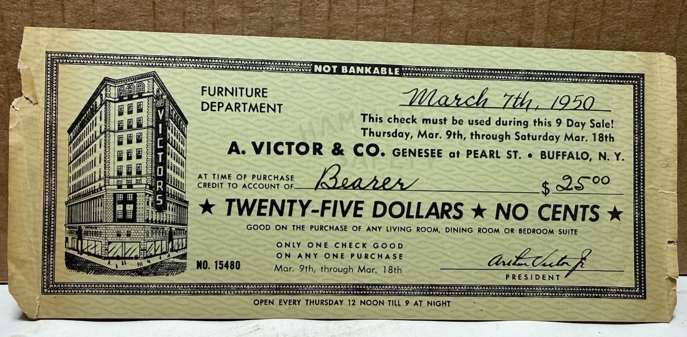 Vintage 1950 A. Victor & Co. Department Store Promotional Check Coupon Ephemera