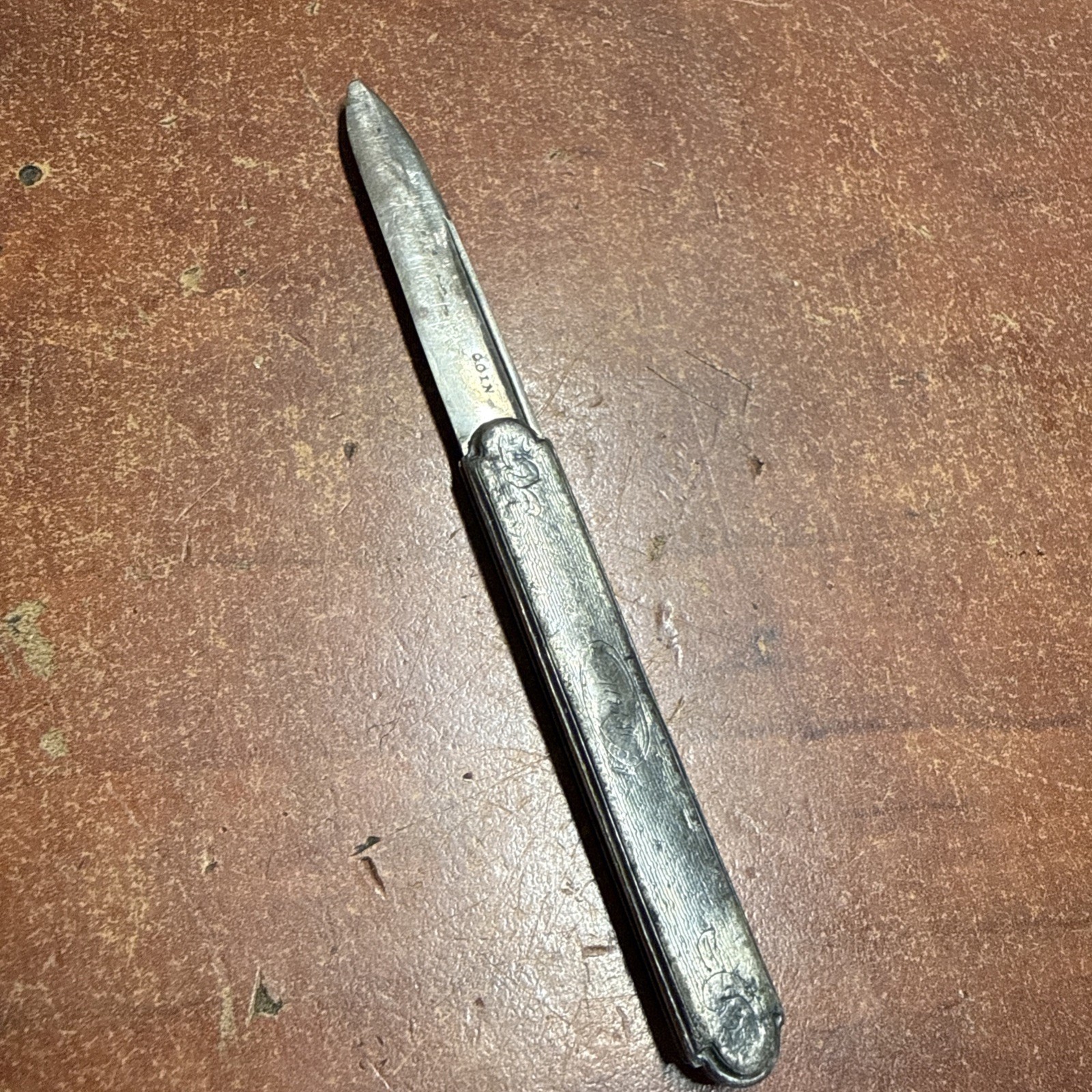 Antique 1860s Coin Silver Folding Fruit Knife Guilloche Scrollwork Tested 3\
