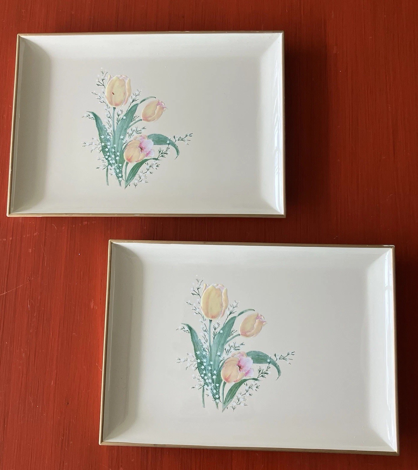 Vintage Laquerware Sushi Trays Japan Cream floral Set Of Two With Tags 8x6