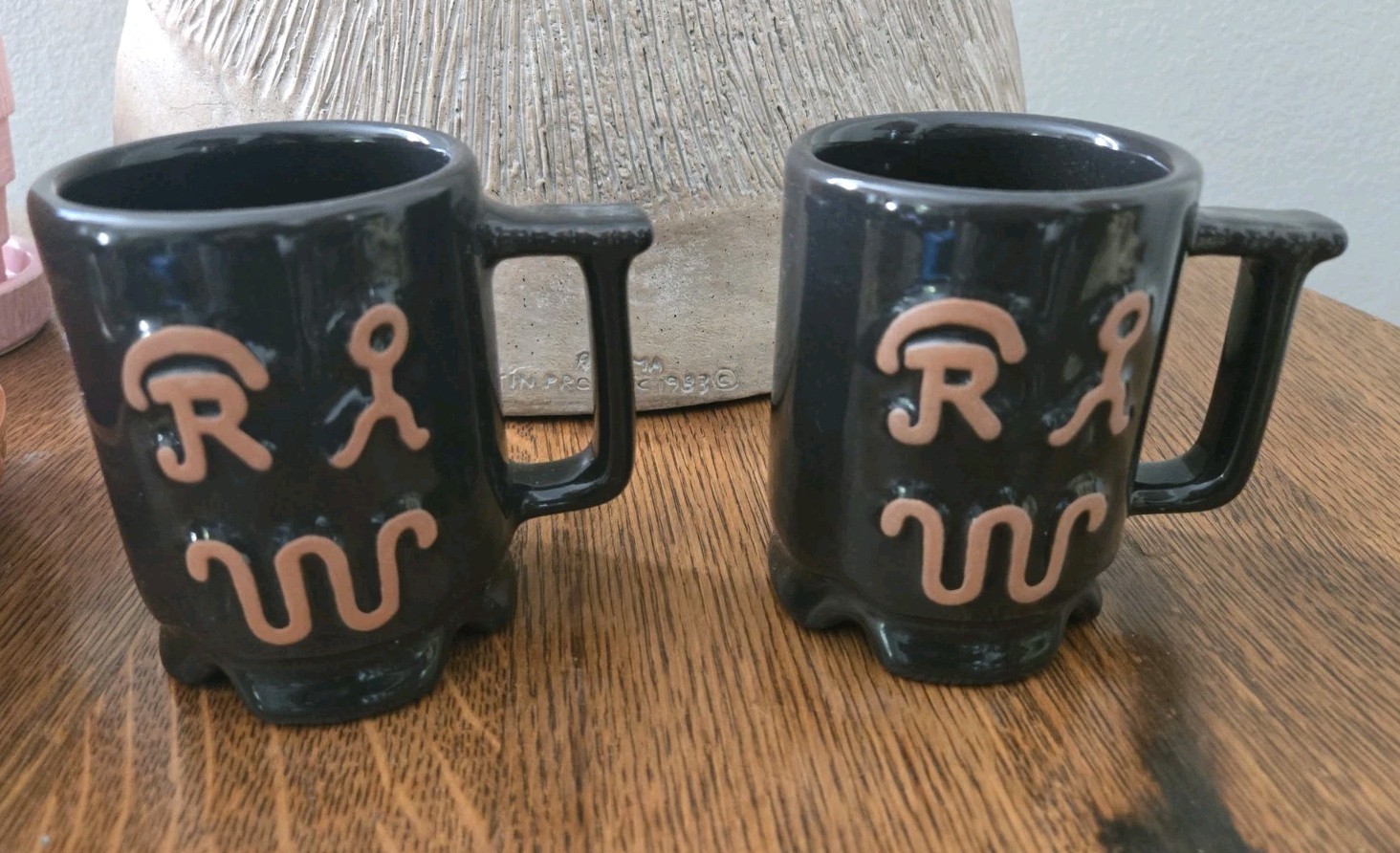 Vintage Frankoma Pottery Ranch Black Coffee Mug Cattle Brands Longhorn Set Of 2