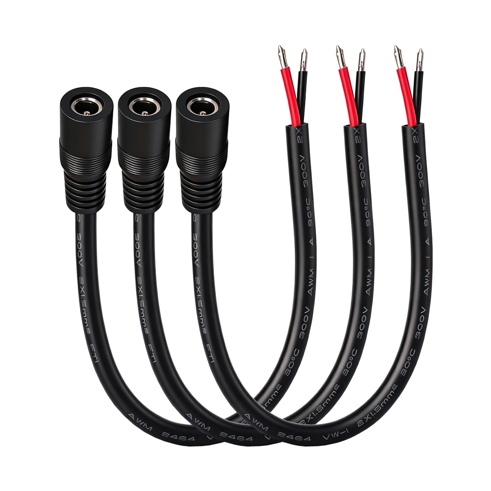 16AWG DC5521 Power Cable, 5.5mm x 2.1mm Female Barrel Plug, 0.8ft, 3-Pack