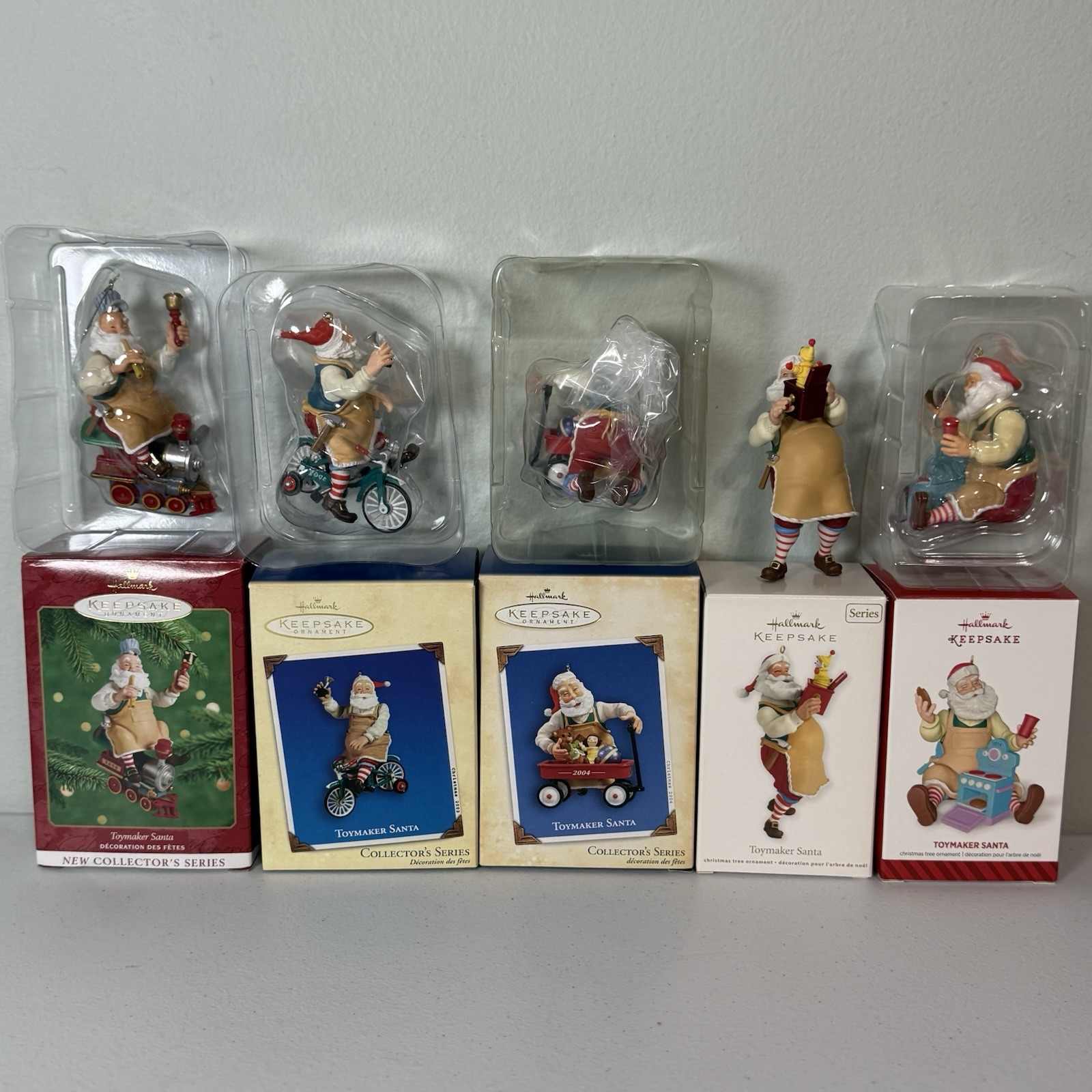 Lot of 5 Hallmark TOYMAKER SANTA Christmas Ornaments 2000, 2002, 2004, 2012,2014