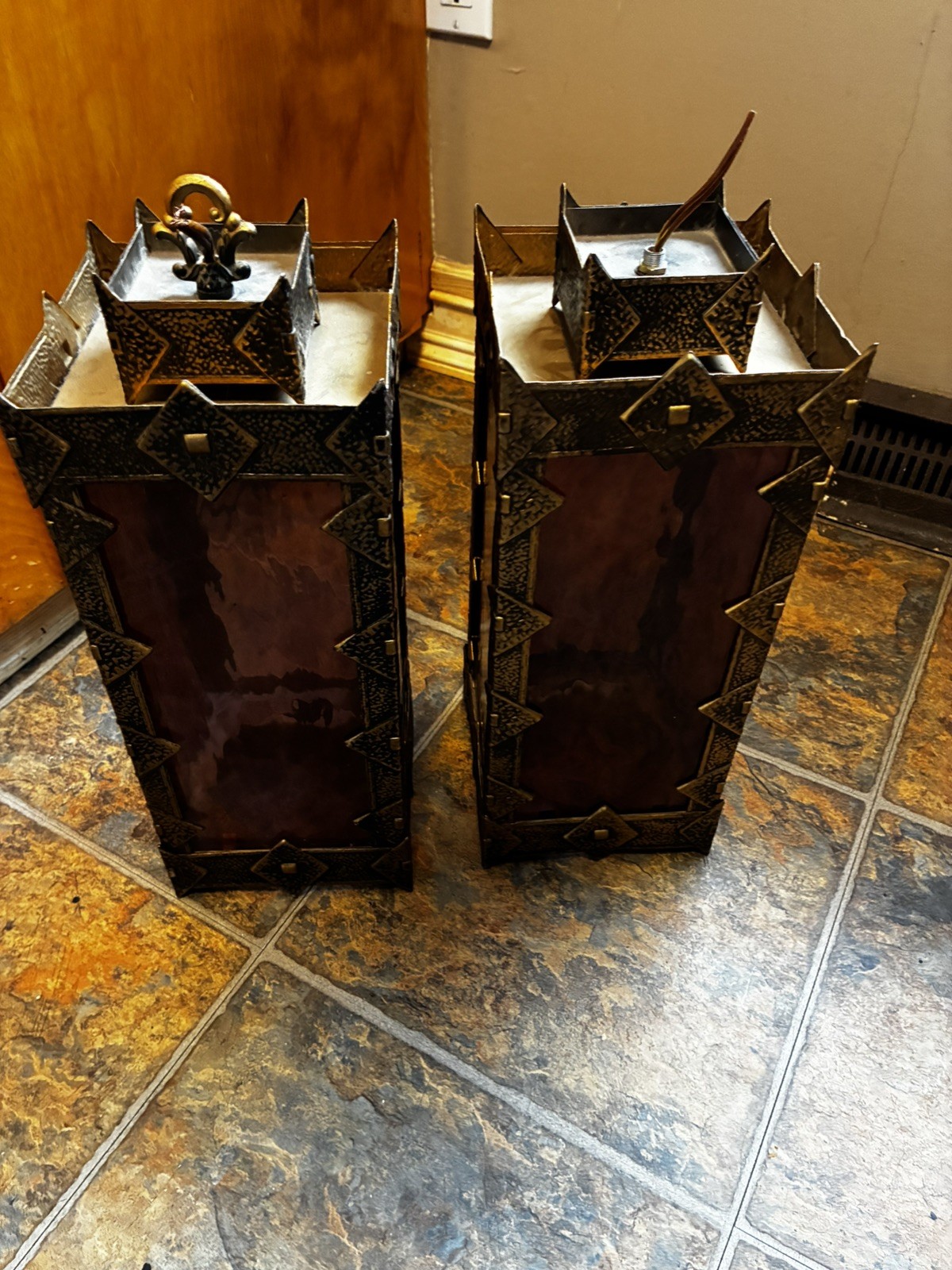 Vintage MCM Gothic Revival Stained Glass Hanging Light