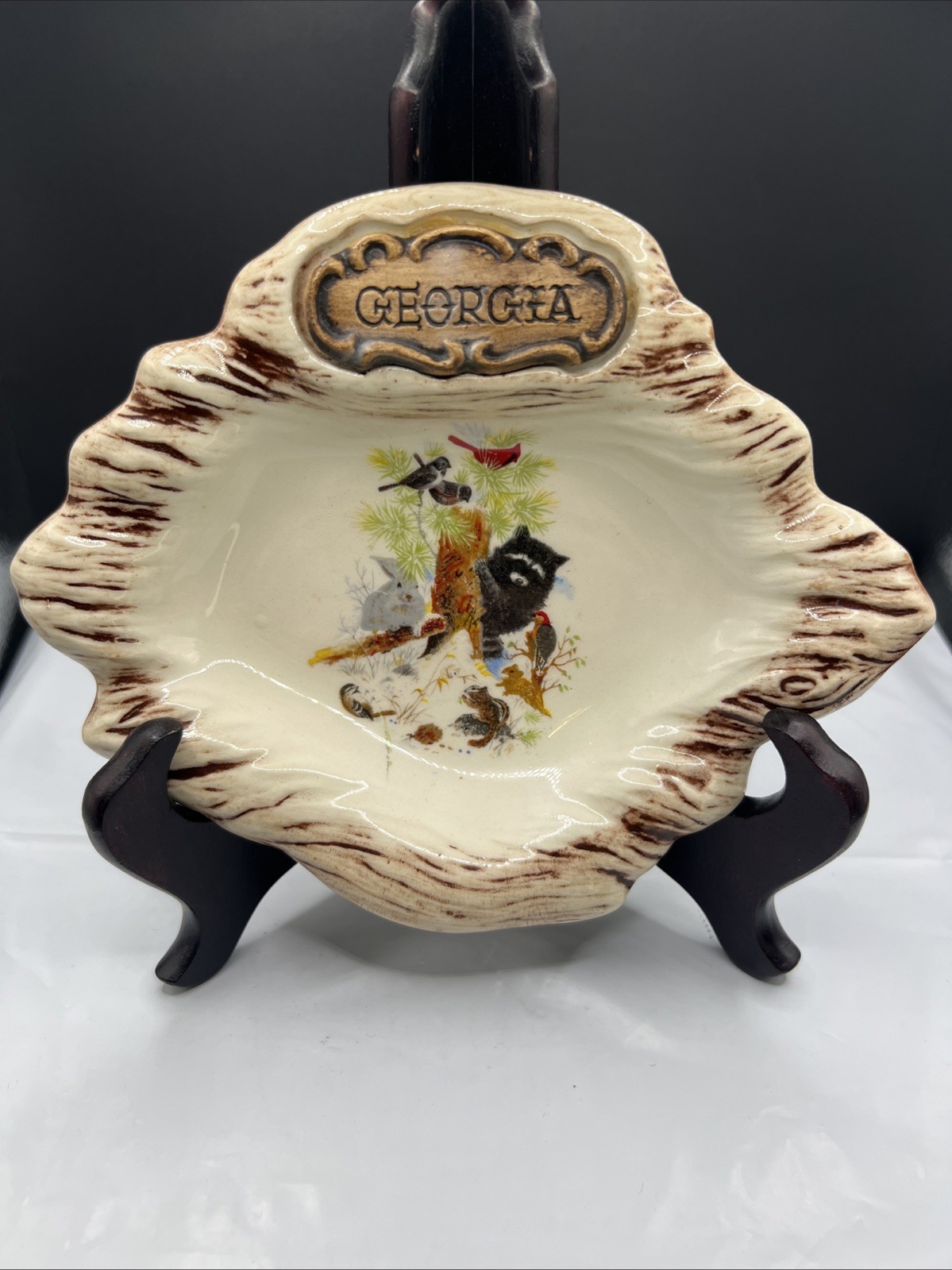 Vintage Treasure Craft Georgia Souvenir Dish Wood Look Ceramic Forest Animals