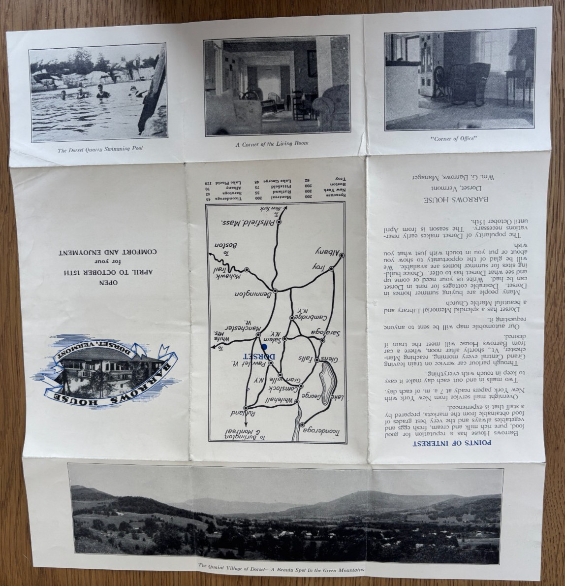C1920 DORSET VERMONT BARROWS HOUSE INN FOLDING BROCHURE W/MAP GOLF/ TENNIS/HORSE