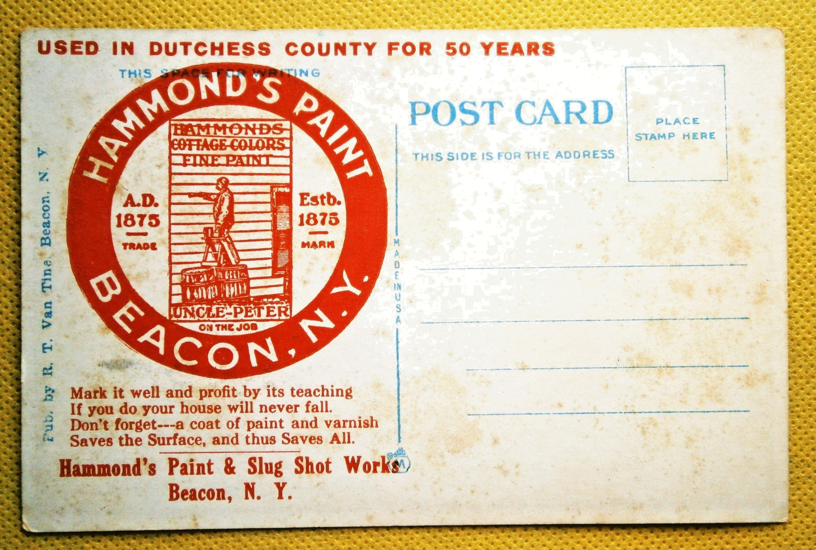 93. Vintage HAMMOND\'S PAINT Beacon, NY Advertising Postcard, front pictures Fish