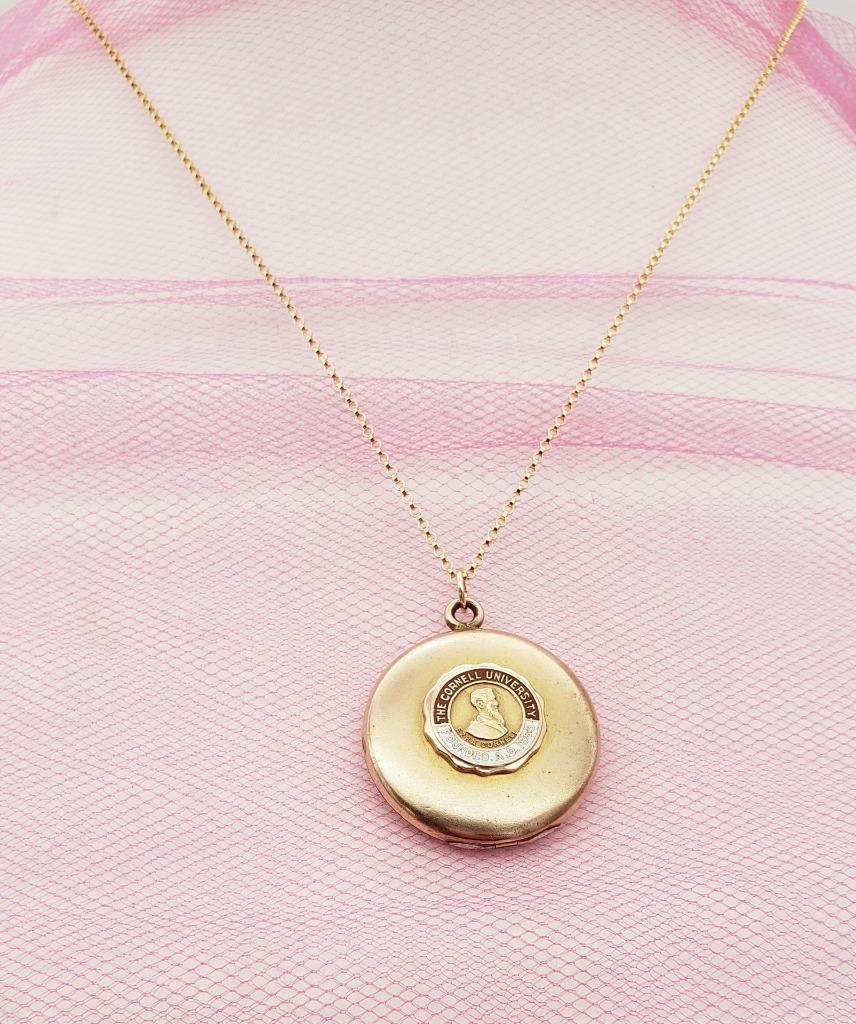 c1910 CORNELL LOCKET Antique Vintage 12k Gold GF University Seal Chain Necklace