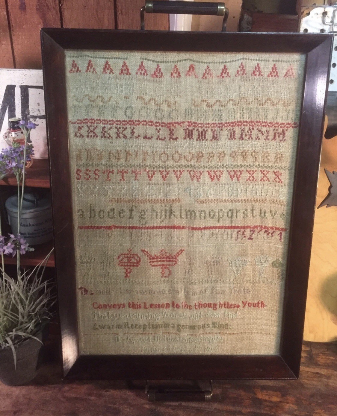 Antique 1816 Folk Art Sampler Margaret Middleton Primitive Alphabet Needlework