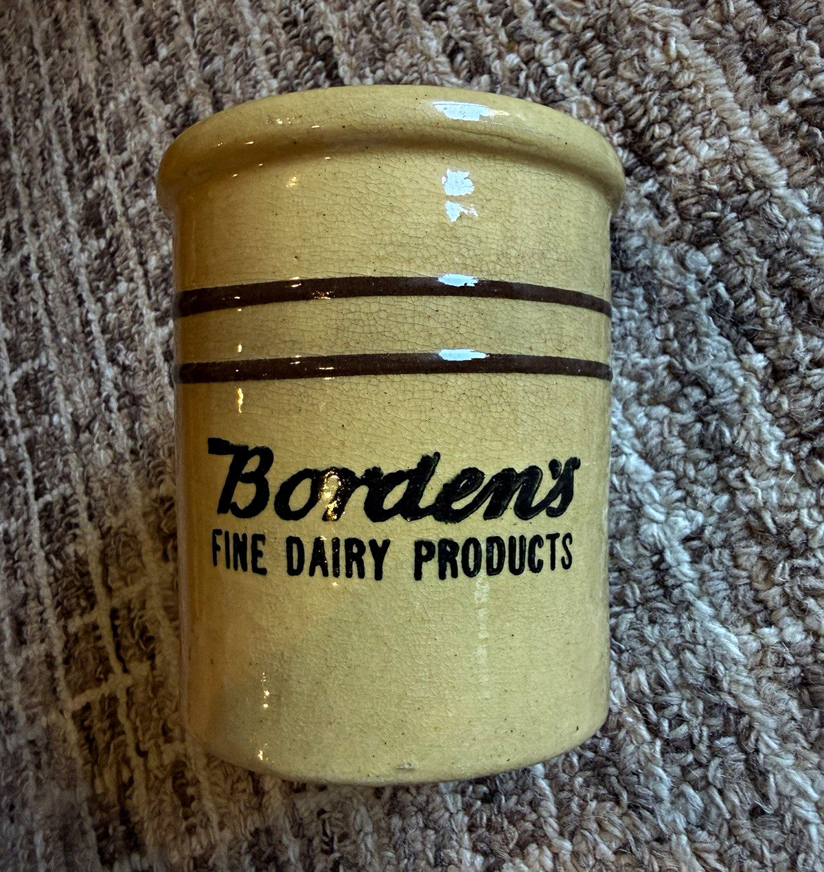 Vintage Borden’s Fine Dairy Products Stoneware Crock – Yellow Ware Brown Stripe