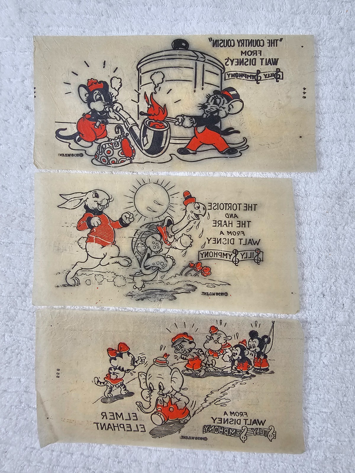 3 Vintage 1938 Disney Silly Symphony Iron On Transfers Elmer Tortoise Hare Mouse
