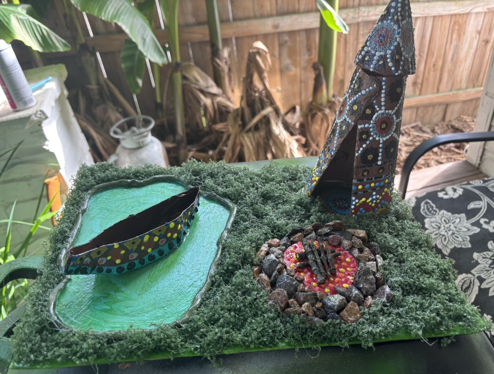 Bespoke  Hand Built Summer Teepee, Canoe & Real Rock Firepit REPLICA Lights Up