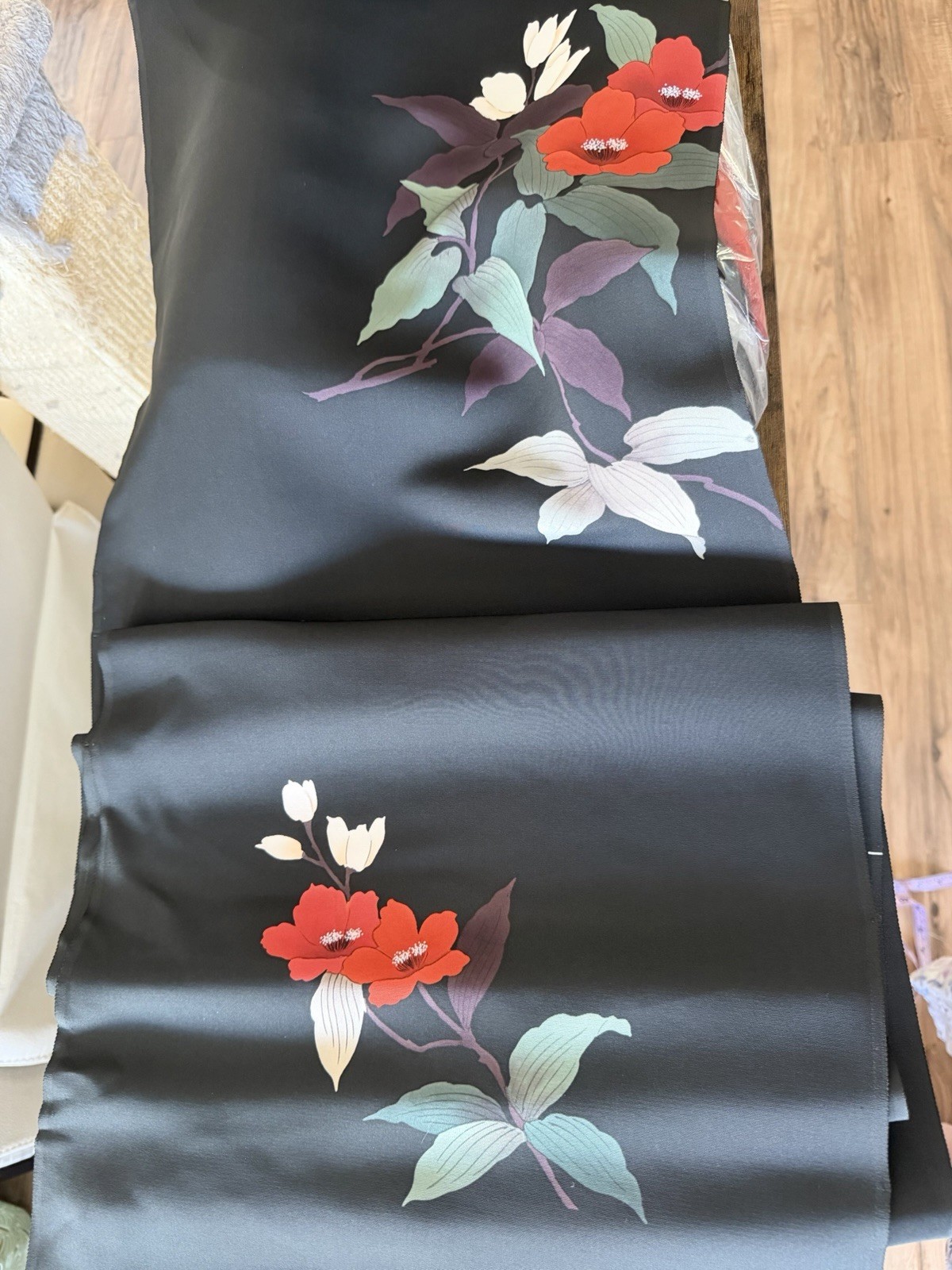 Vtg Japanese Kimono Silk Fabric Bolt Black With Floral Design