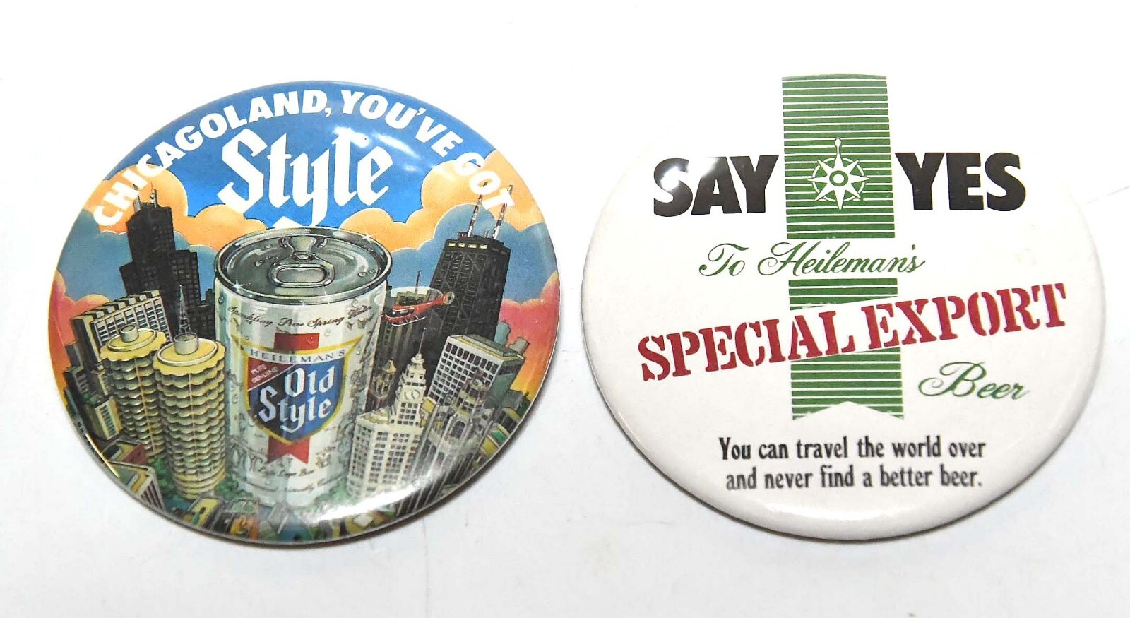 2 HEILEMAN\'S BREWERY BUTTONS OLD STYLE AND SPECIAL EXPORT 3 INCH BUTTONS