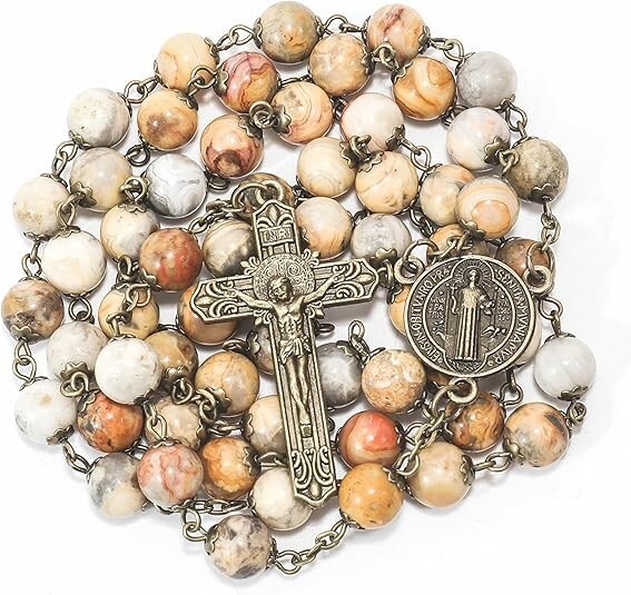 Natural African Jasper Stone Rosary Beads Necklace St. Benedict Cross and Medal