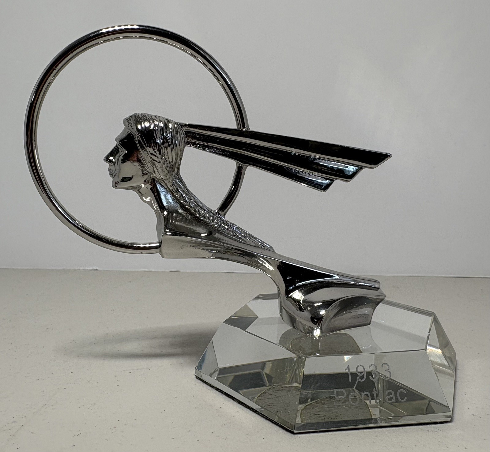 Vintage 1933 Pontiac Hood Ornament Replica Desk Paperweight on Glass Base