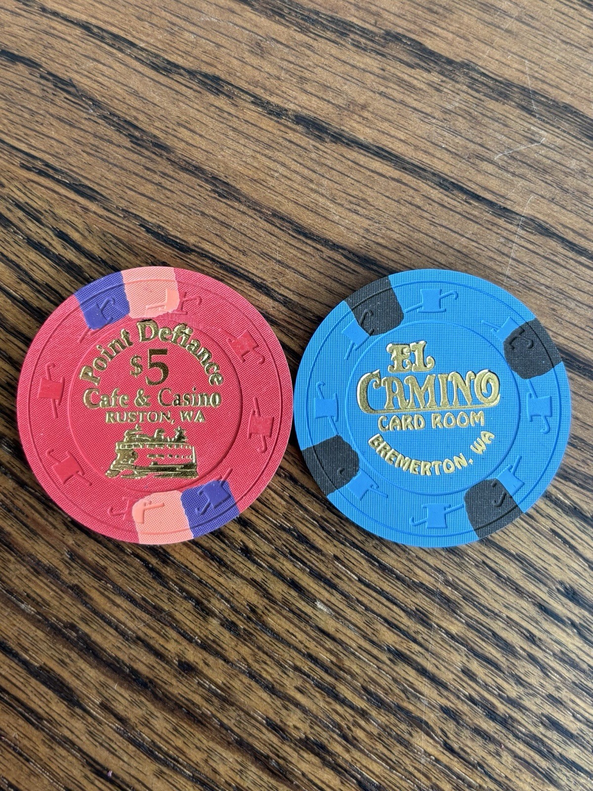 Lot of (2) Rare and Obsolete $5 Casino Chips from Washington State