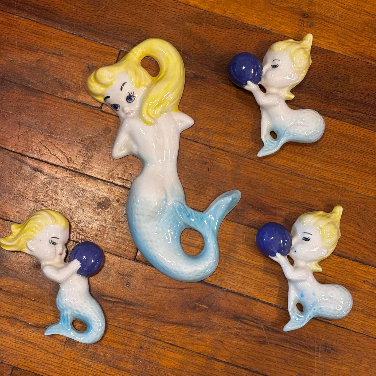 Vintage 1960s MCM Ceramic Pinup Mermaid Wall Plaques Set of Four