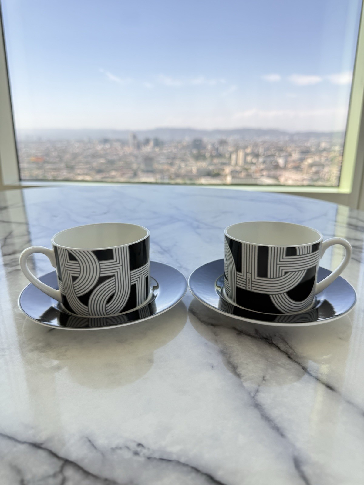 Hermès Rallye 24 Large Tea Cup & Saucer Set of 2 Black White Porcelain Rare