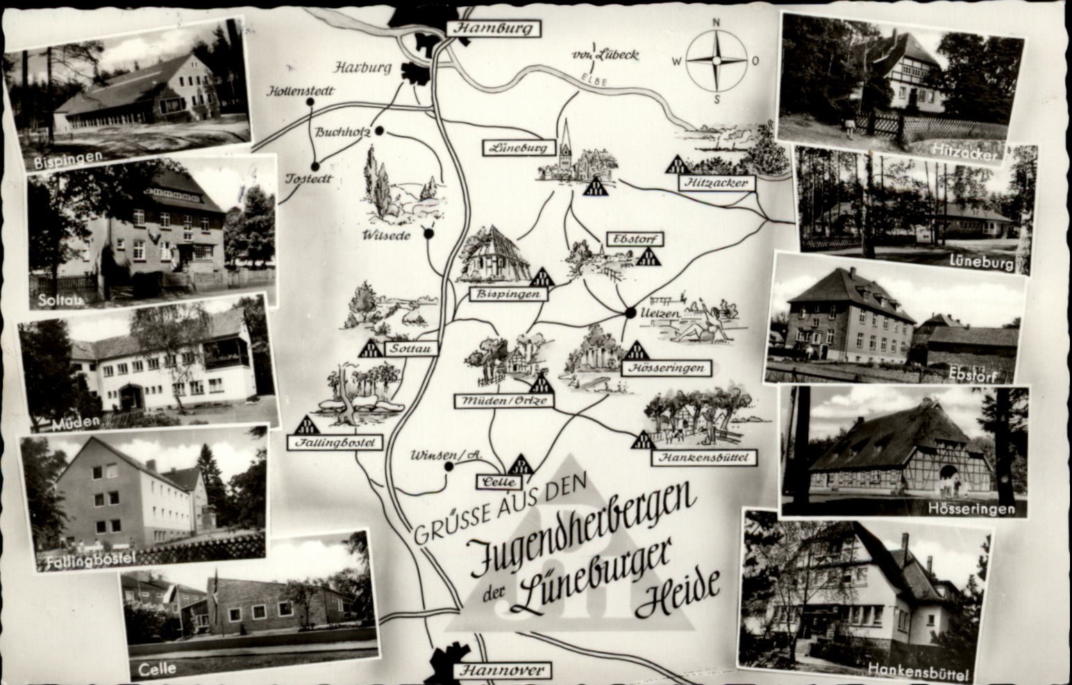 RPPC Gruss Aus Jugendherbergen der Luneburger Heide Map vintage postcard d271