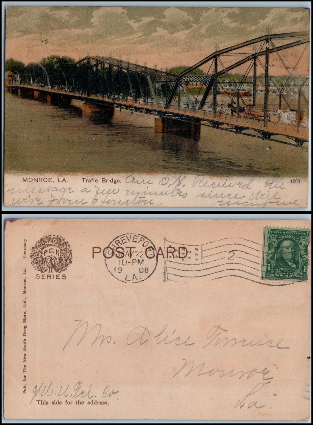 1908 Monroe Louisiana Trafic Bridge postcard PCK Series Shreveport flag cancel