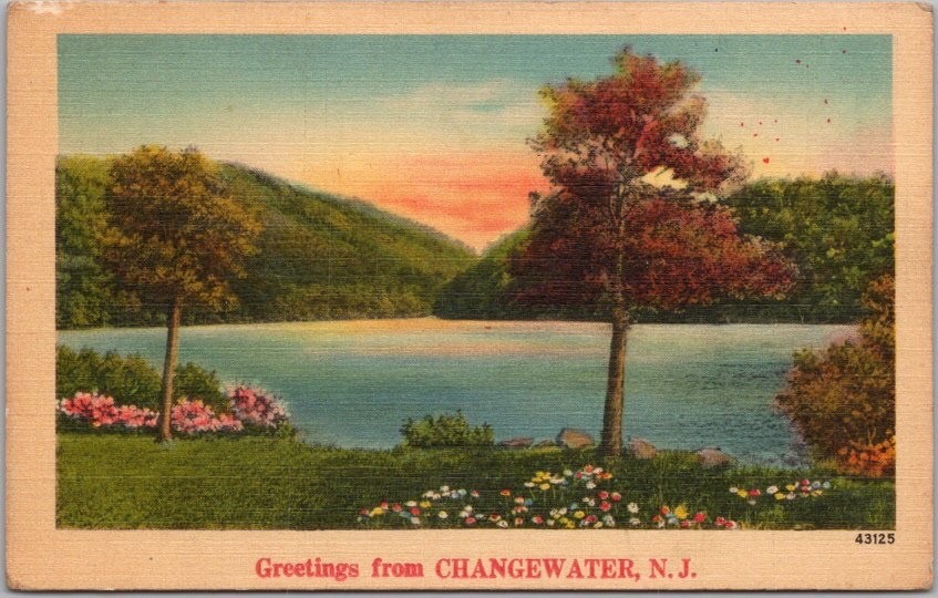 c1940s CHANGEWATER, New Jersey Greetings Postcard Lake Scene / NYCE Linen UNUSED