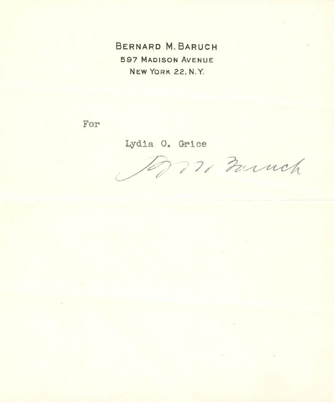 BERNARD M. BARUCH - TYPED INSCRIPTION SIGNED