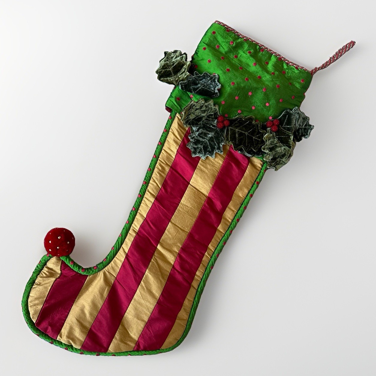 VTG Mackenzie Childs Jester Silk Christmas Stocking 29”  Velvet Leaves HTF RARE
