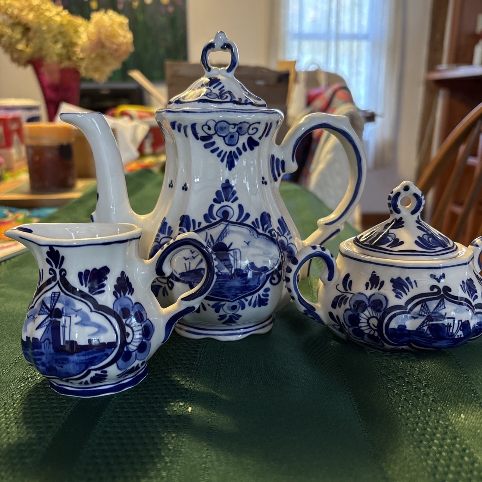 Vintage Delft Blue DAIC Hand Painted Tea Set Teapot Creamer Sugar Bowl Holland