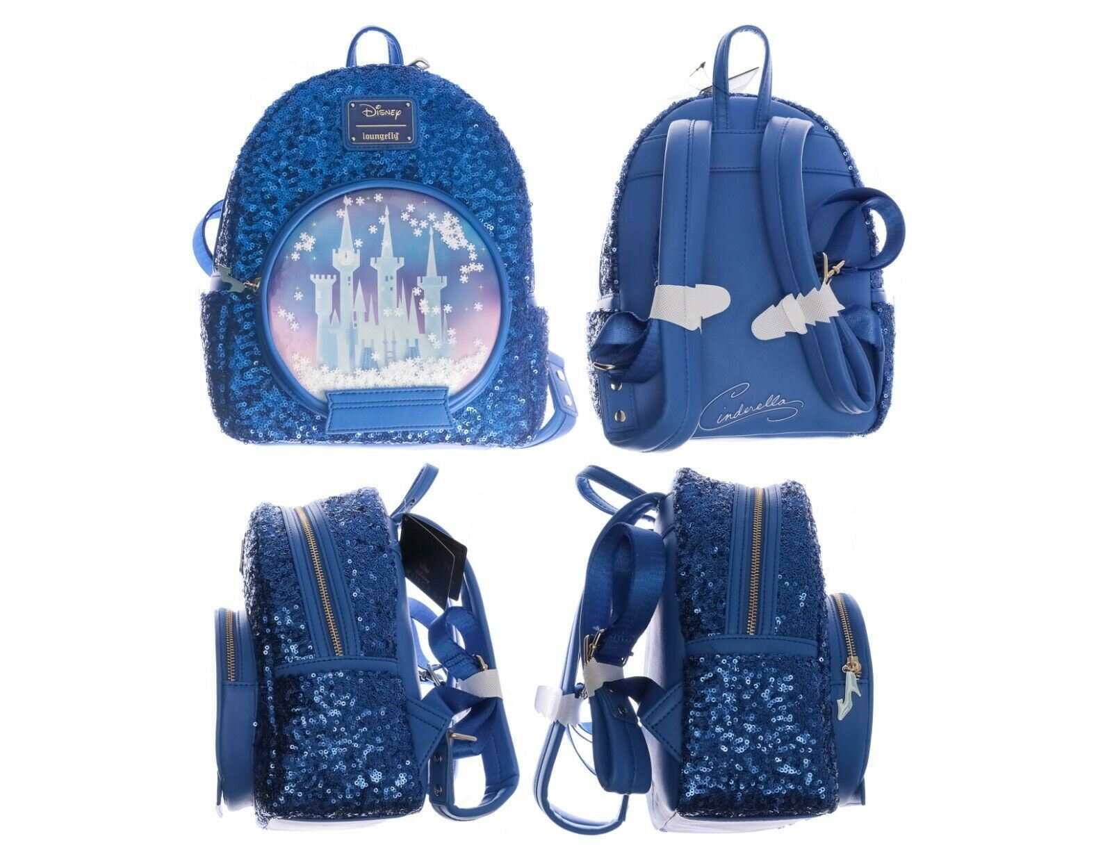 Loungefly Disney Cinderella\'s Castle Blue Sequin Snow Globe Mini Backpack