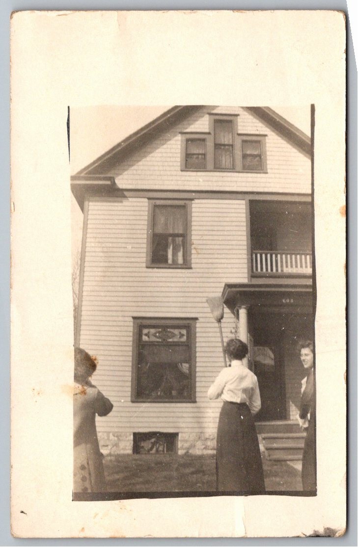 1913 Woman Balancing Broom House Manhattan KS Vintage RPPC Photo Postcard