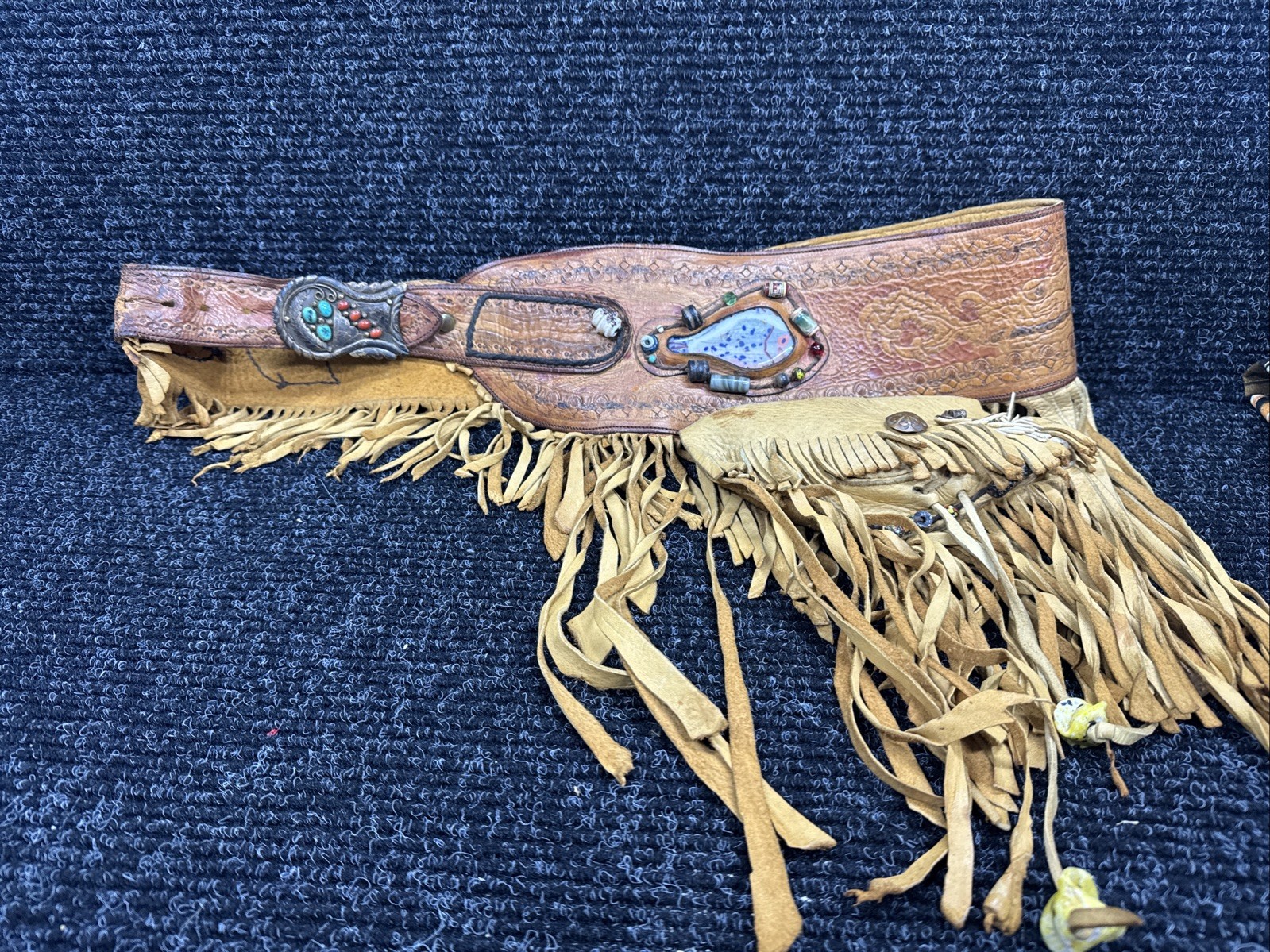 Native American Tasseled Fringed Belt Handmade Beads Buckle Stones Vintage Rare