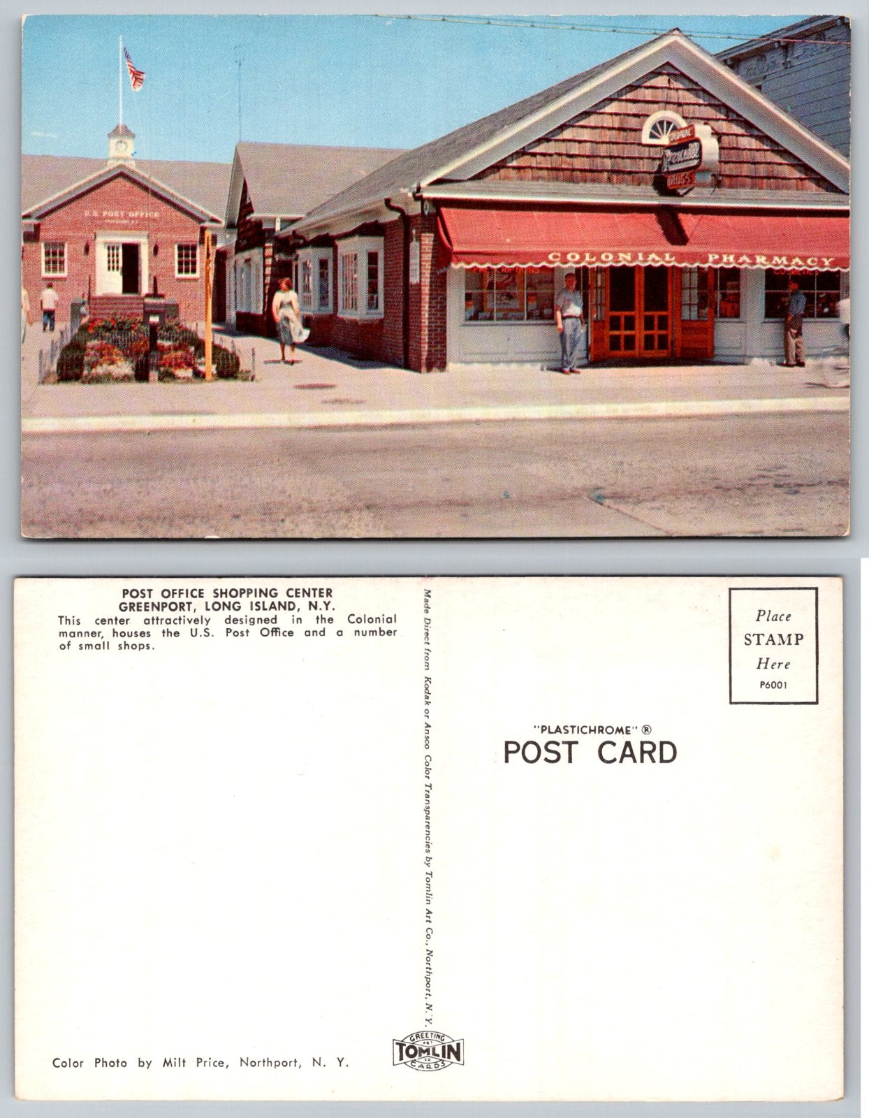 Greenport Long Island New York Post Office Colonial Pharmacy Postcard