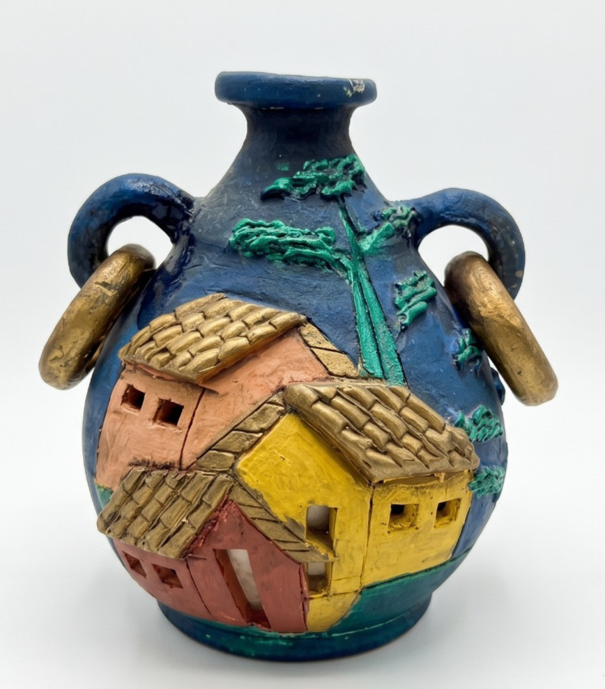 Vintage Mexican Folk Art Pottery Vase 3D Village Houses Gold Rings Blue Jug 5.5\