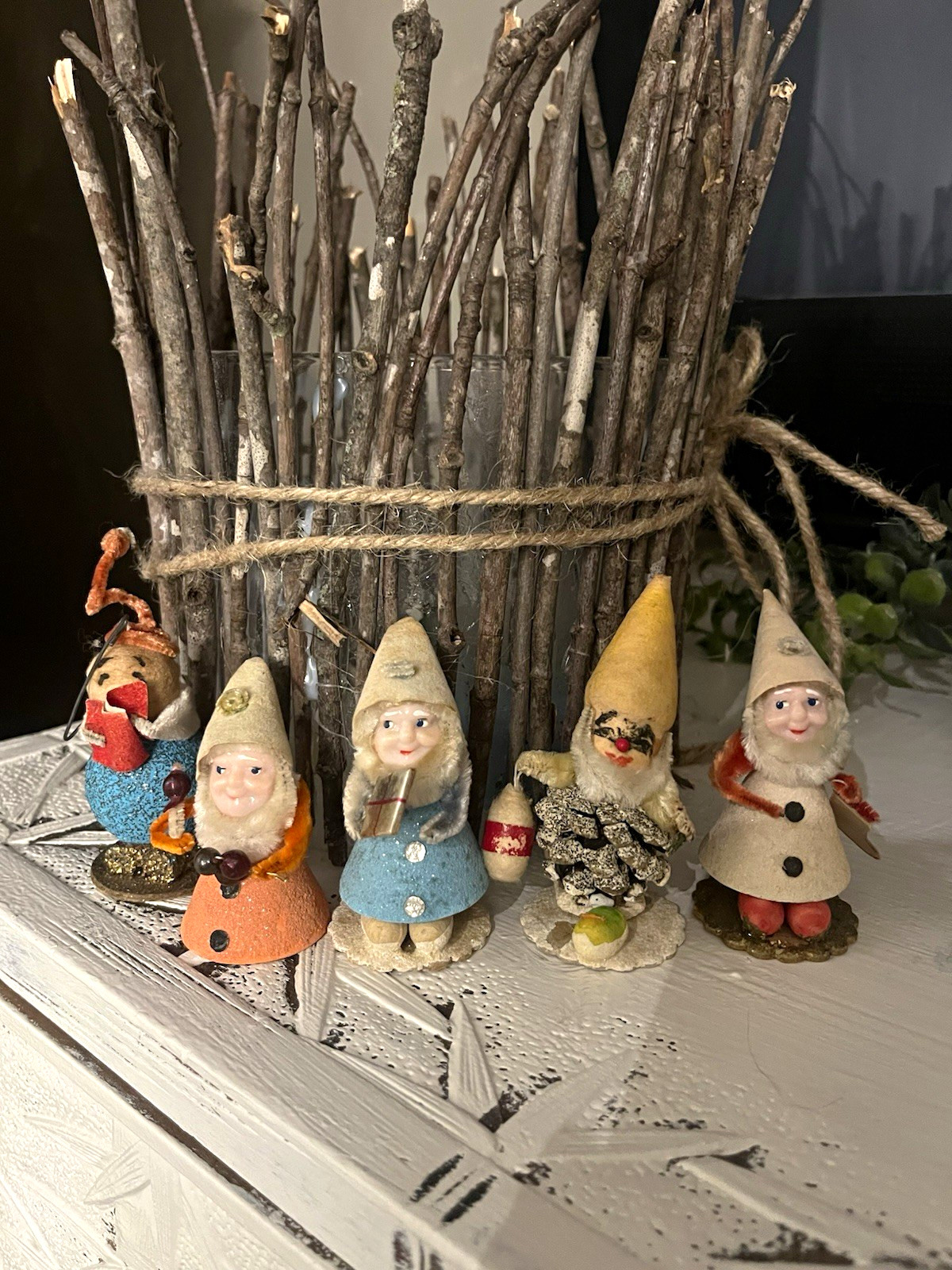 5 Vintage christmas gnome pinecone spun elf west Germany 